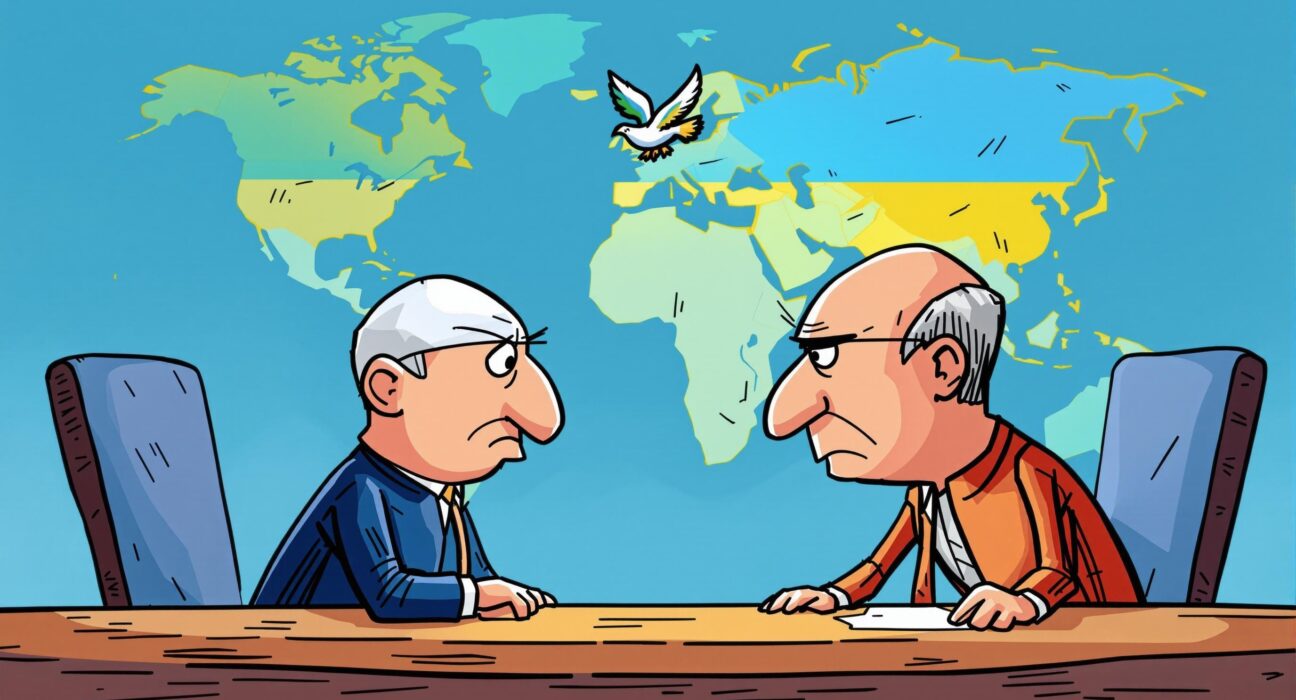 A cartoon illustration symbolizing the start of Russia-Ukraine talks, highlighting the cautious hope for peace and diplomatic resolution.