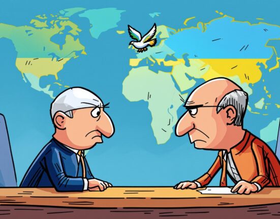 A cartoon illustration symbolizing the start of Russia-Ukraine talks, highlighting the cautious hope for peace and diplomatic resolution.