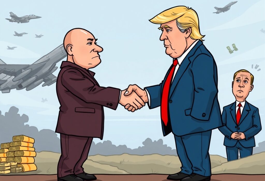 A cartoon illustration showing diplomatic efforts for a Russia Ukraine truce, highlighting potential peace talks and sanctions concerns.