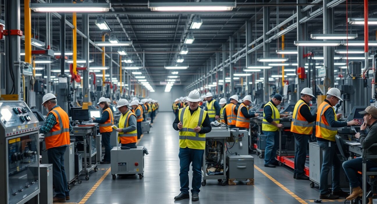 Workers on a factory floor in Russia, representing low unemployment and active labor market.