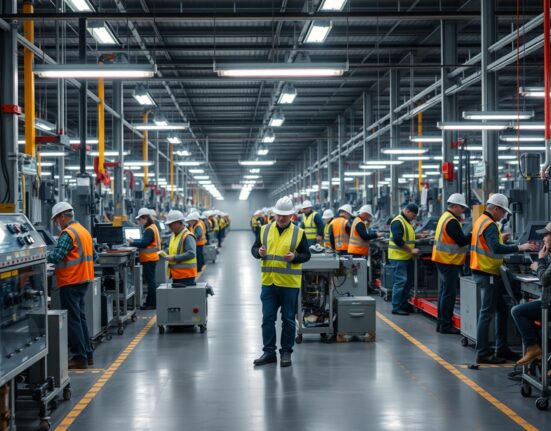 Workers on a factory floor in Russia, representing low unemployment and active labor market.