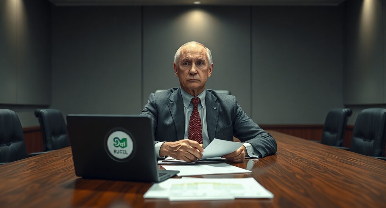 Russian finance official in meeting room with laptop showing digital ruble and blocked USDT symbols.