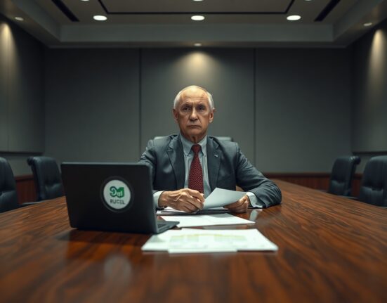 Russian finance official in meeting room with laptop showing digital ruble and blocked USDT symbols.