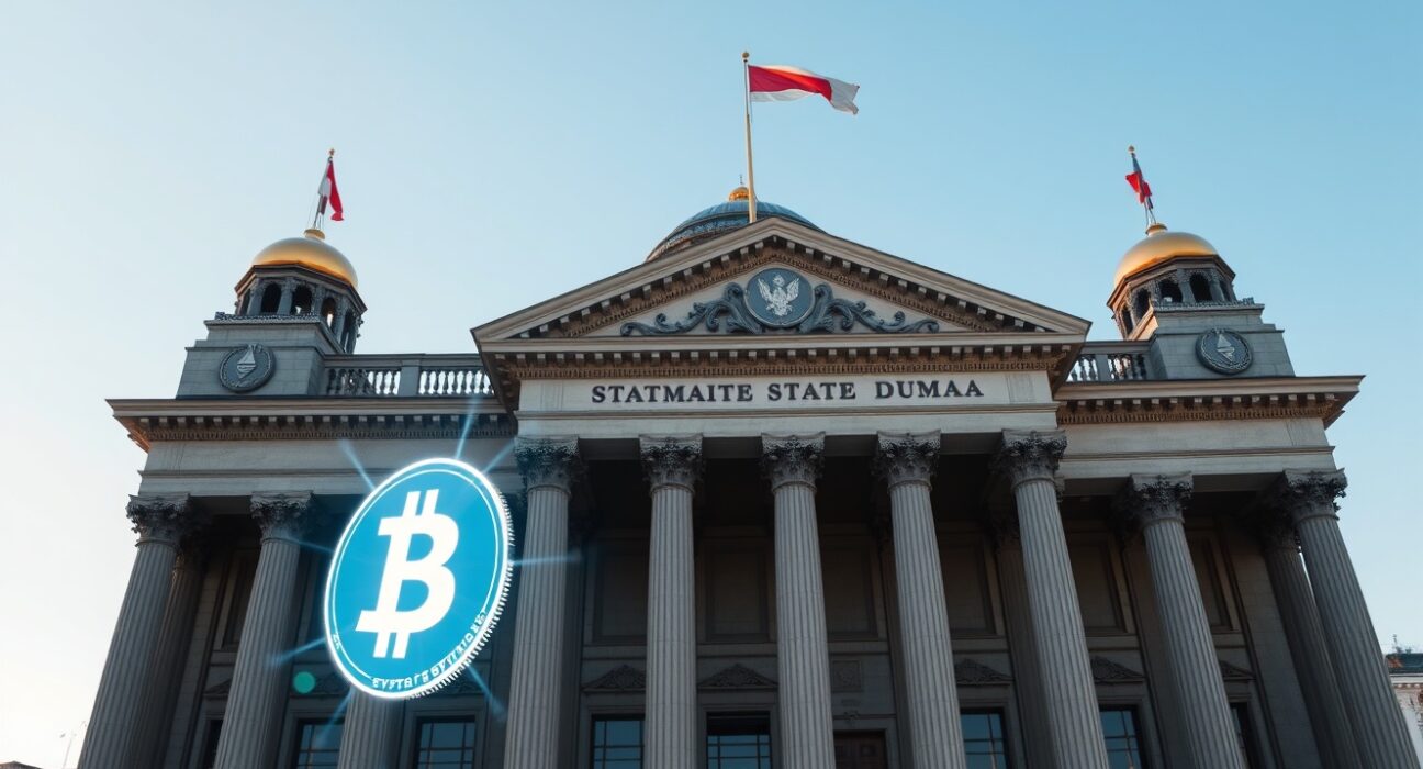 Russian State Duma building with cryptocurrency symbols representing new digital currency legislation