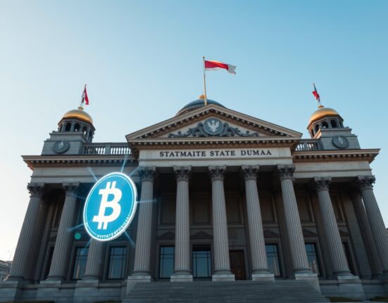 Russian State Duma building with cryptocurrency symbols representing new digital currency legislation