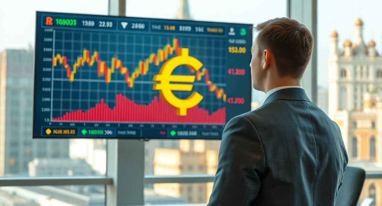 Financial analyst in Moscow office monitoring cryptocurrency charts on a large screen