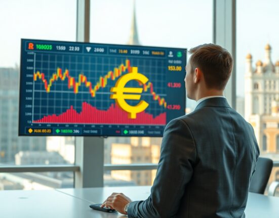 Financial analyst in Moscow office monitoring cryptocurrency charts on a large screen