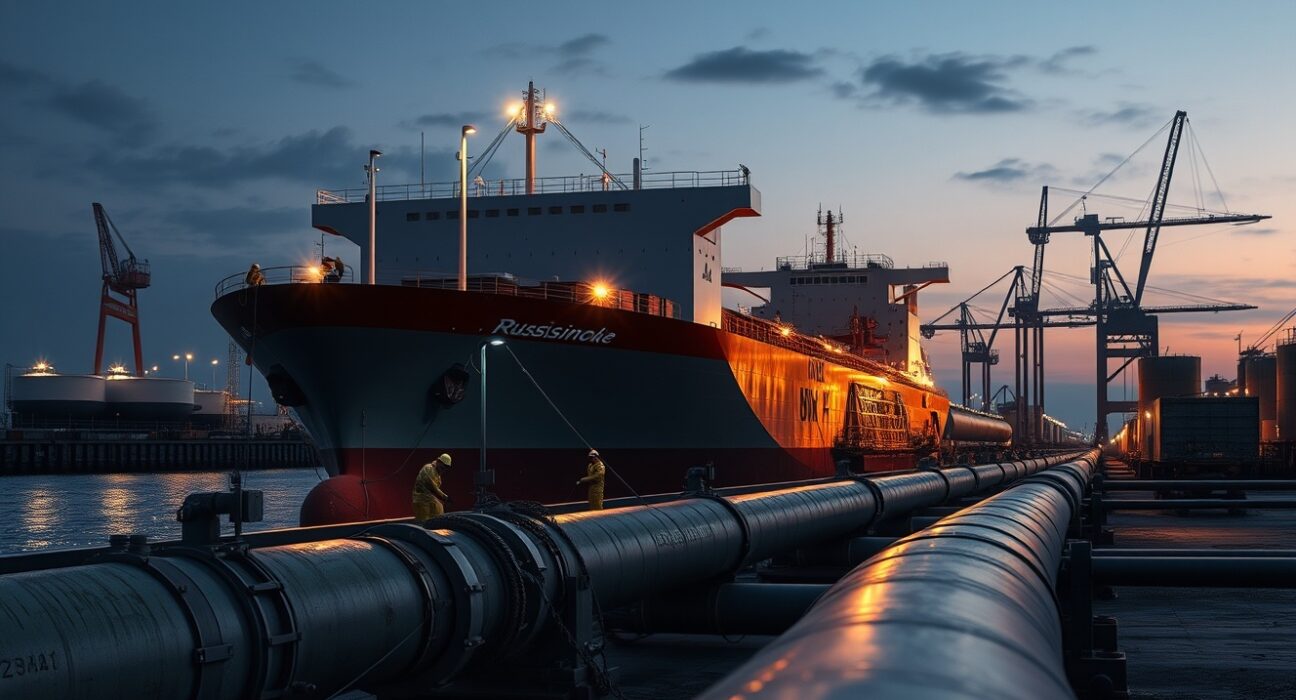 Russian oil tanker at damaged Baltic port infrastructure following Ukrainian attacks.