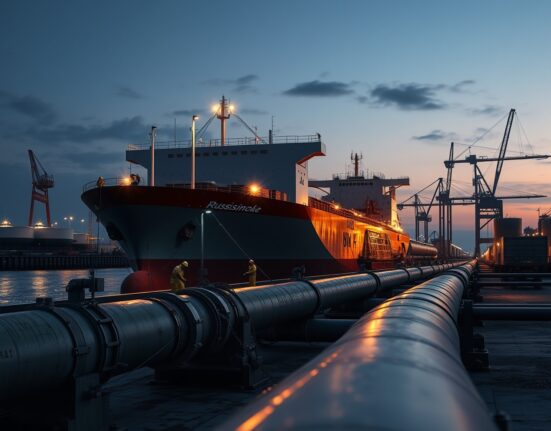 Russian oil tanker at damaged Baltic port infrastructure following Ukrainian attacks.