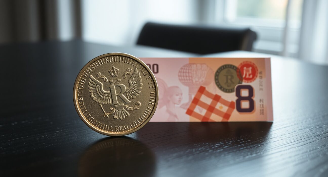 Russian rouble coin and Chinese yuan banknote representing currency exchange rate movement