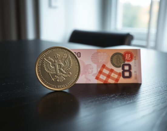 Russian rouble coin and Chinese yuan banknote representing currency exchange rate movement