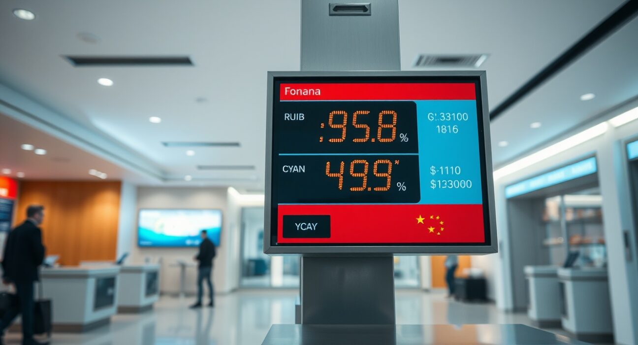 Electronic currency exchange board in Moscow bank showing rouble-yuan rate