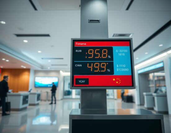 Electronic currency exchange board in Moscow bank showing rouble-yuan rate