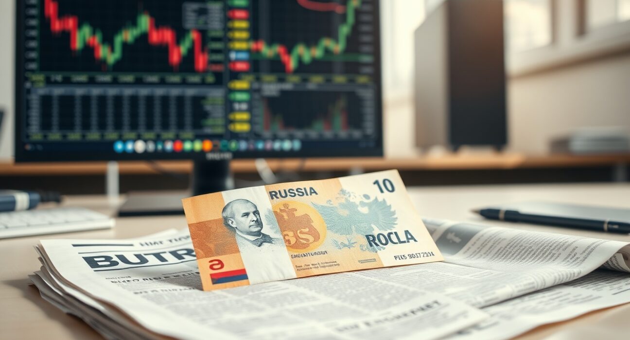 Russian ruble banknote on a financial newspaper with charts in background