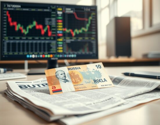 Russian ruble banknote on a financial newspaper with charts in background