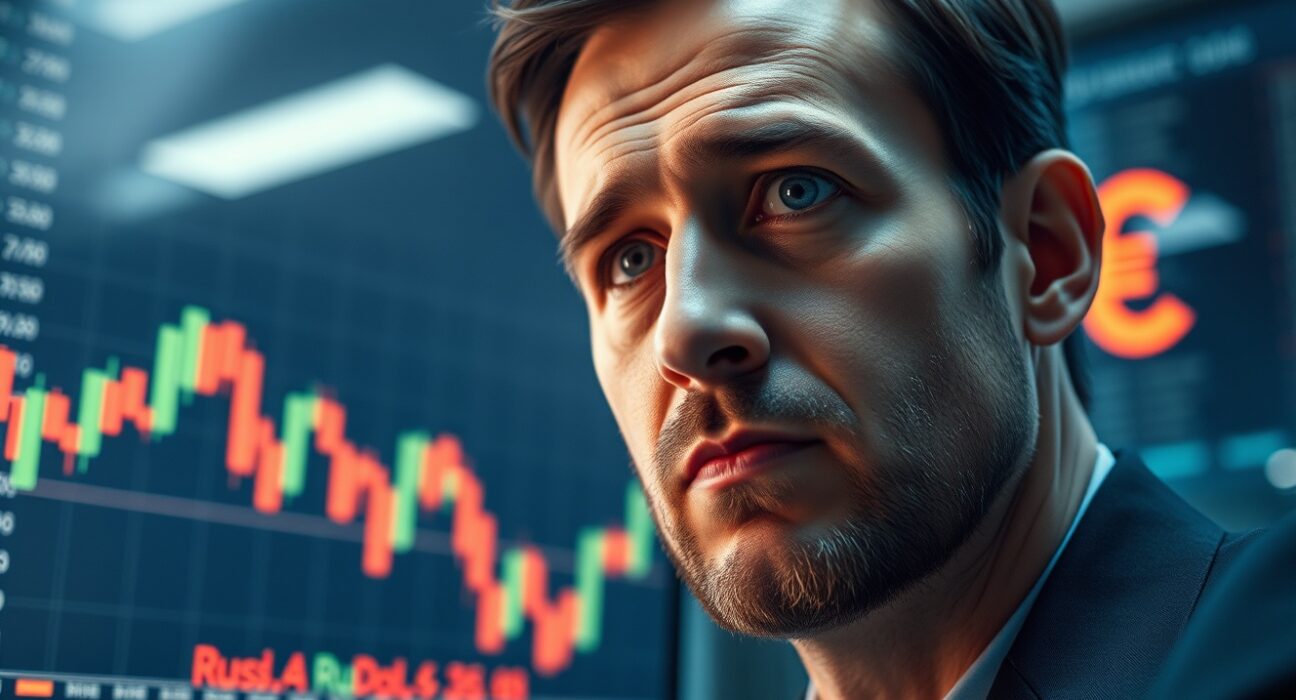 Financial analyst monitoring Russian ruble exchange rate charts on multiple screens in a modern office