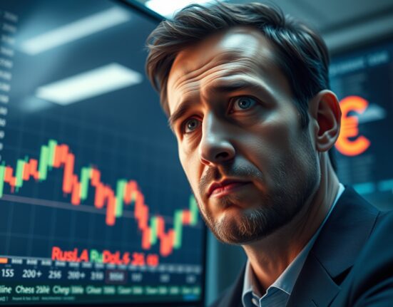 Financial analyst monitoring Russian ruble exchange rate charts on multiple screens in a modern office