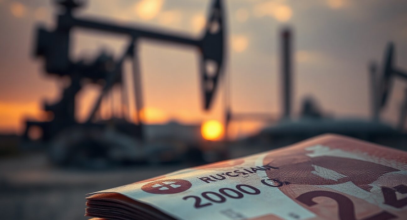 Russian ruble banknotes stacked with an oil refinery in the background