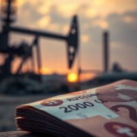 Russian ruble banknotes stacked with an oil refinery in the background