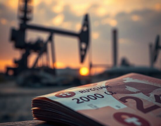 Russian ruble banknotes stacked with an oil refinery in the background