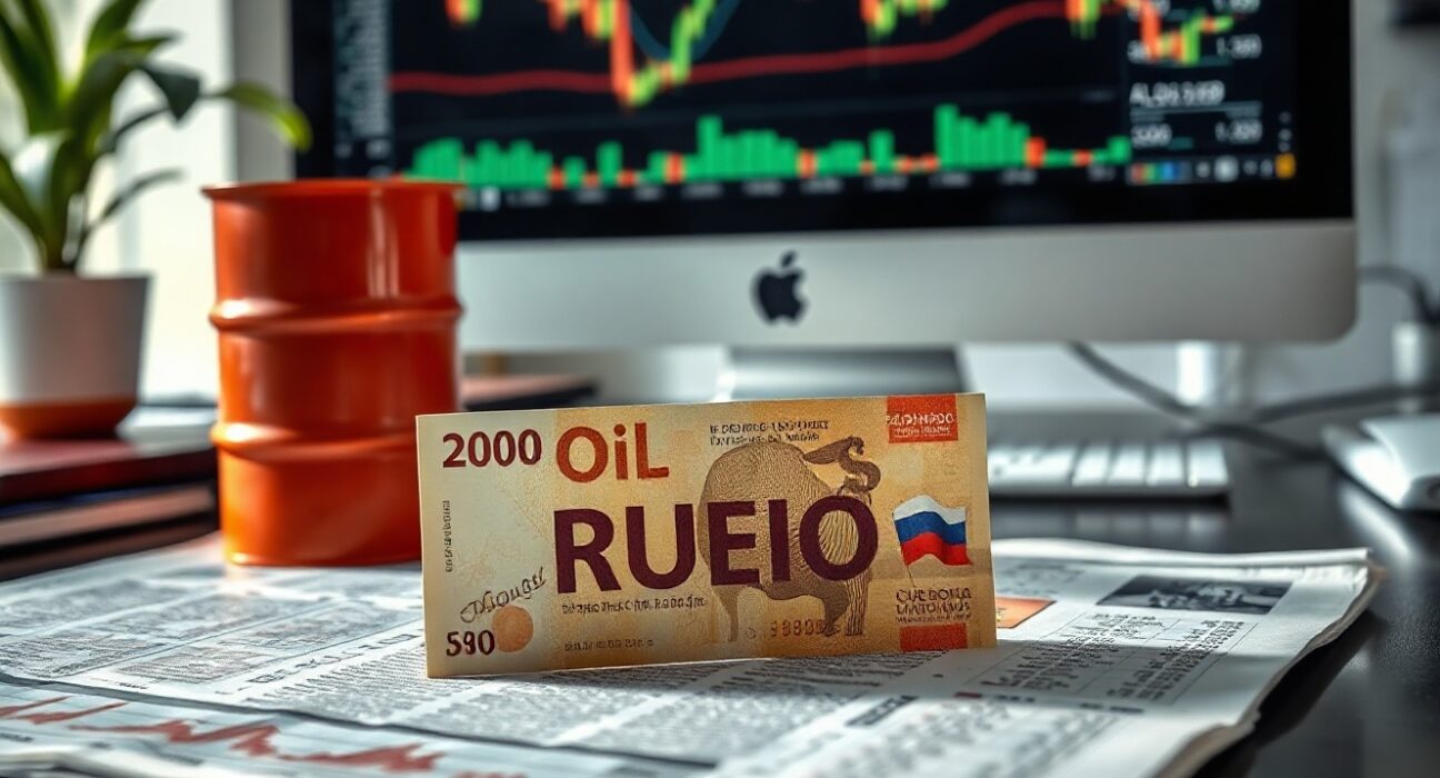 Russian ruble banknotes and a small oil barrel on a financial desk with charts on a screen