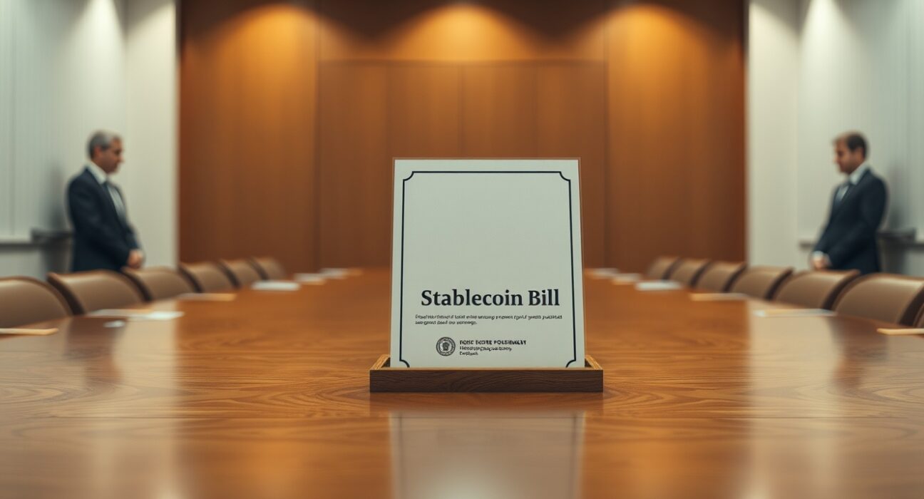 Official document for the proposed Russian stablecoin bill on a government conference table.