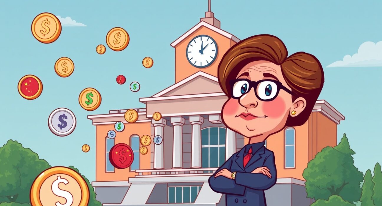 A cartoon depicting the **Russian stablecoin policy** of international use, showing currency flowing globally from a central bank.