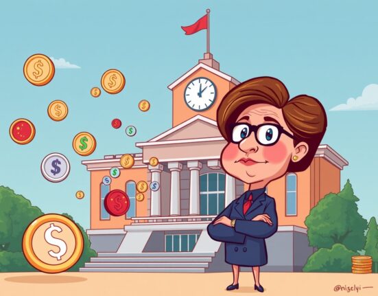 A cartoon depicting the **Russian stablecoin policy** of international use, showing currency flowing globally from a central bank.