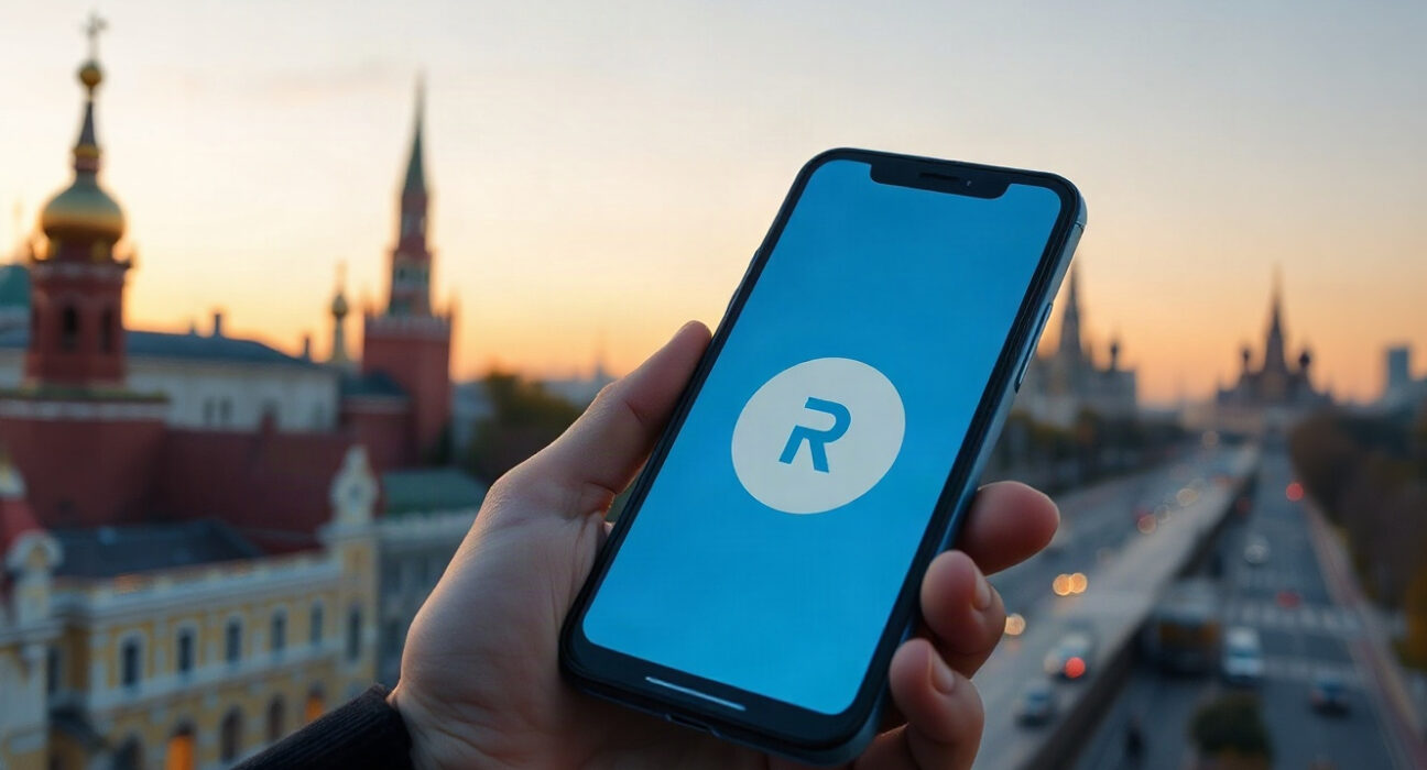 Smartphone displaying digital ruble wallet with Moscow skyline in background