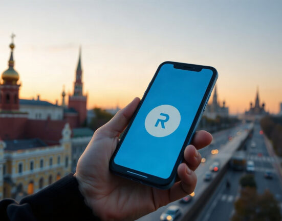 Smartphone displaying digital ruble wallet with Moscow skyline in background