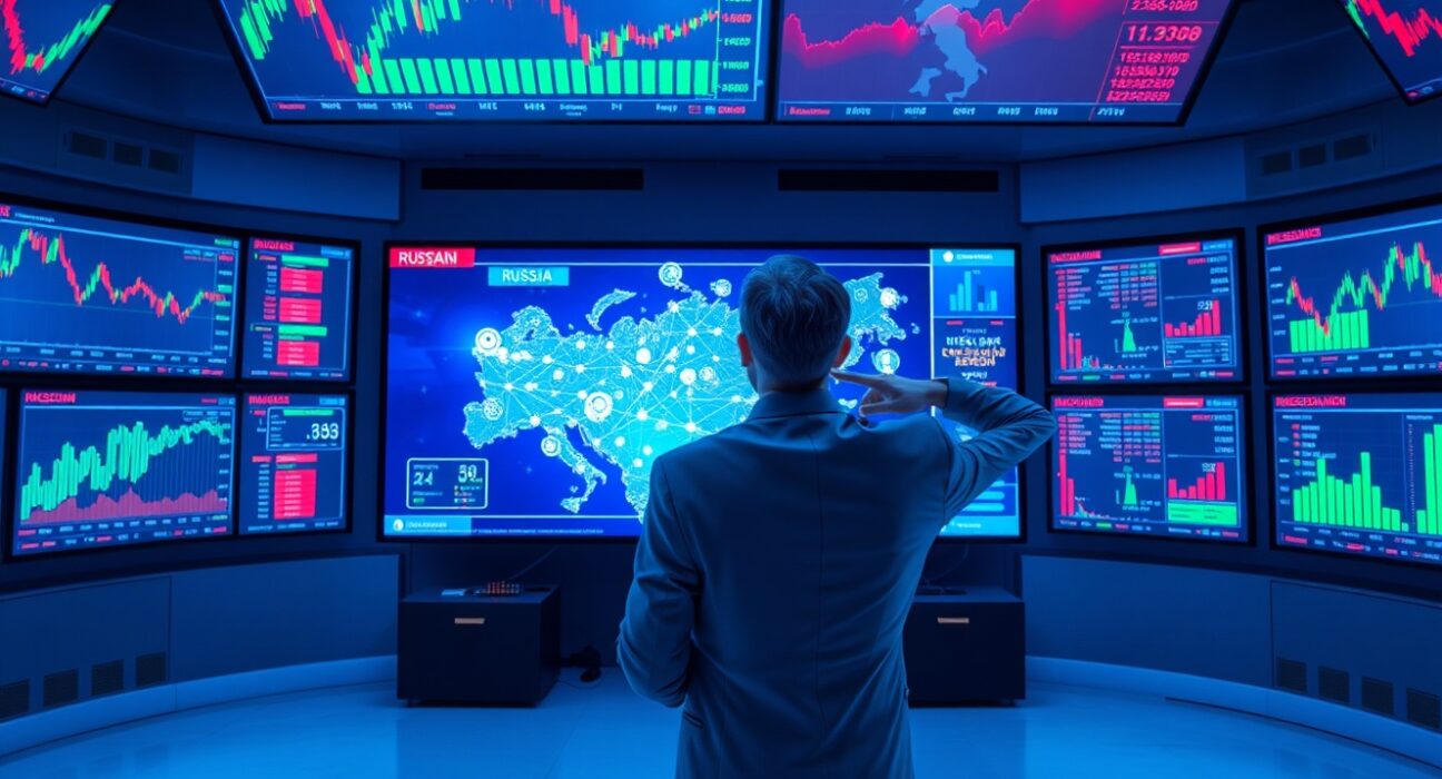 Financial analyst monitoring cryptocurrency charts and blockchain data on large screens in a modern control room