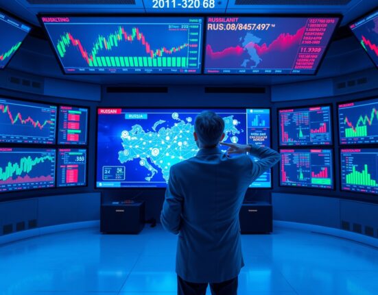 Financial analyst monitoring cryptocurrency charts and blockchain data on large screens in a modern control room