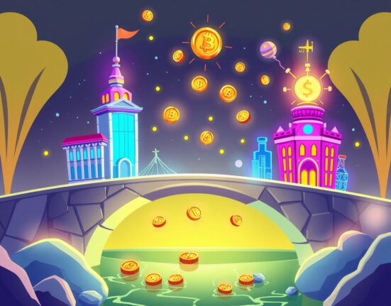 RWA-backed tokens bridging traditional finance and blockchain technology with vibrant digital assets flow