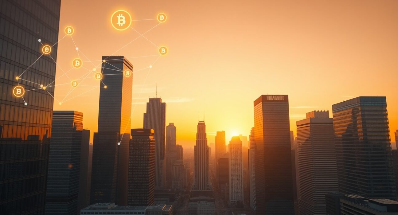 Financial skyline with digital blockchain overlay representing real-world asset tokenization growth.