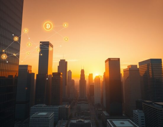Financial skyline with digital blockchain overlay representing real-world asset tokenization growth.
