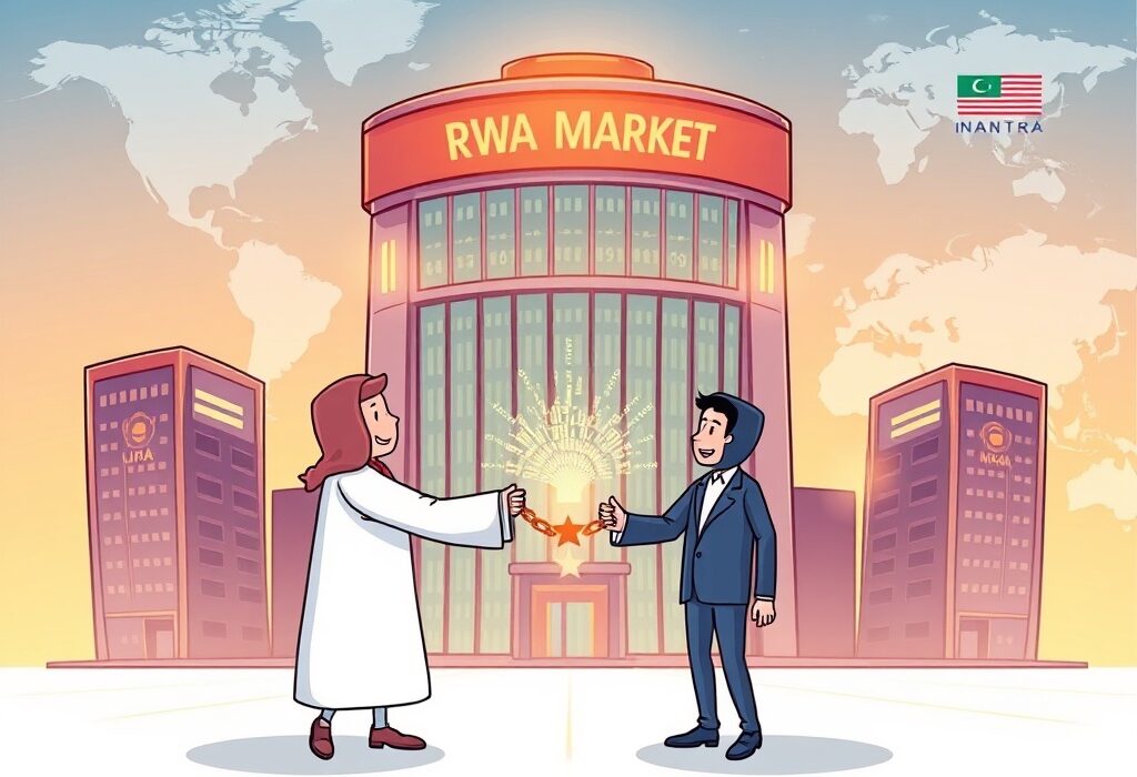 Cartoon illustration showing Inveniam and MANTRA expanding the RWA market, symbolizing their investment and collaboration in tokenizing real-world assets.