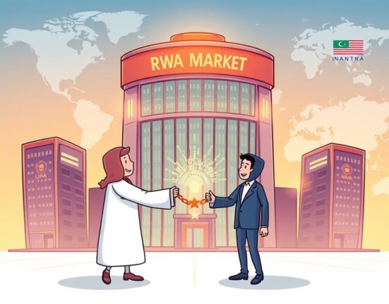 Cartoon illustration showing Inveniam and MANTRA expanding the RWA market, symbolizing their investment and collaboration in tokenizing real-world assets.