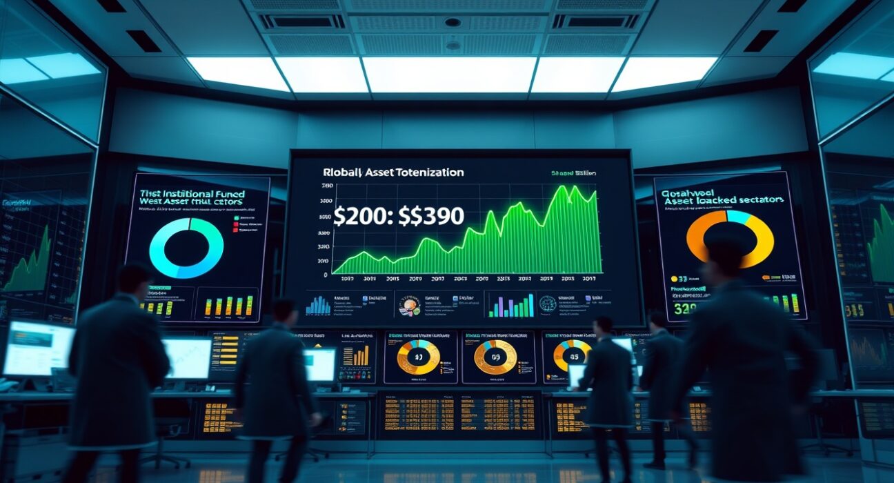 Digital dashboard showing the RWA market approaching $30 billion with institutional fund inflows highlighted, reflecting Chainalysis data.