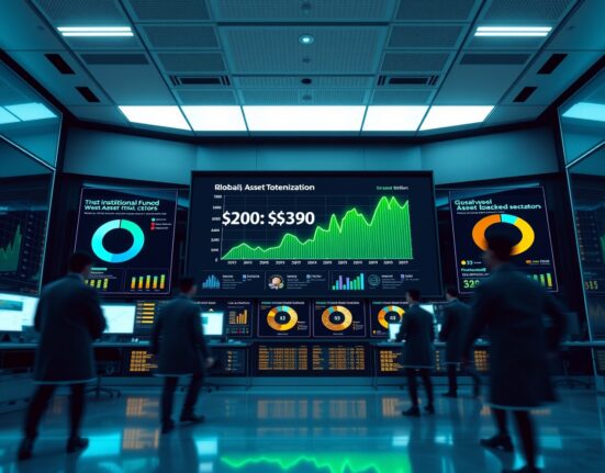 Digital dashboard showing the RWA market approaching $30 billion with institutional fund inflows highlighted, reflecting Chainalysis data.