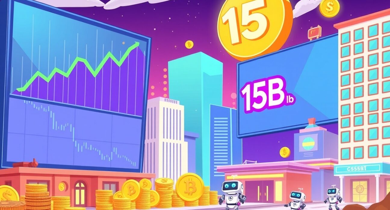 Cartoon illustration showing the explosive growth of Real-World Asset (RWA) protocols, connecting traditional finance with digital assets.