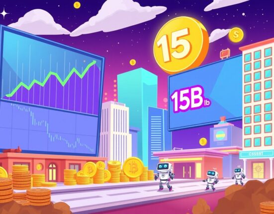 Cartoon illustration showing the explosive growth of Real-World Asset (RWA) protocols, connecting traditional finance with digital assets.