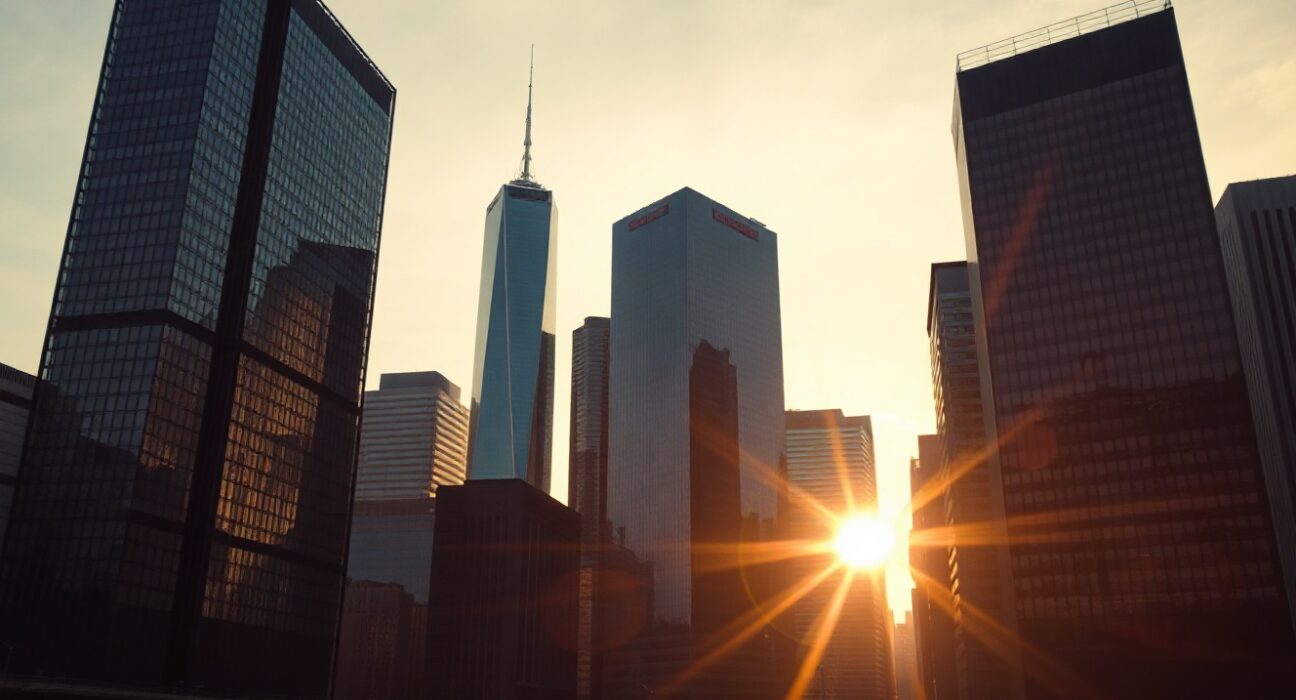 Modern city skyline at sunset with digital network overlays representing RWA tokenization growth.