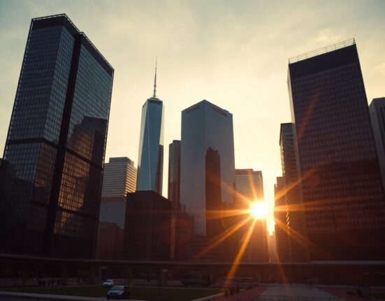 Modern city skyline at sunset with digital network overlays representing RWA tokenization growth.