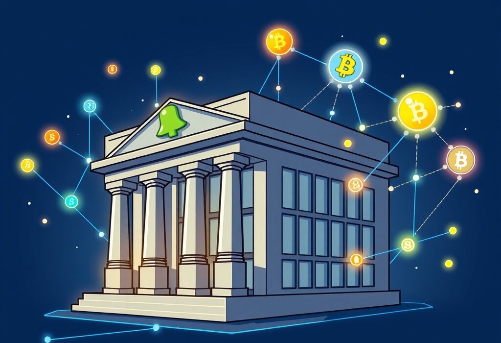 A vibrant cartoon illustration showing the convergence of traditional finance and blockchain, symbolizing the revolutionary RWA tokenization initiative.