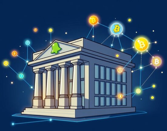 A vibrant cartoon illustration showing the convergence of traditional finance and blockchain, symbolizing the revolutionary RWA tokenization initiative.