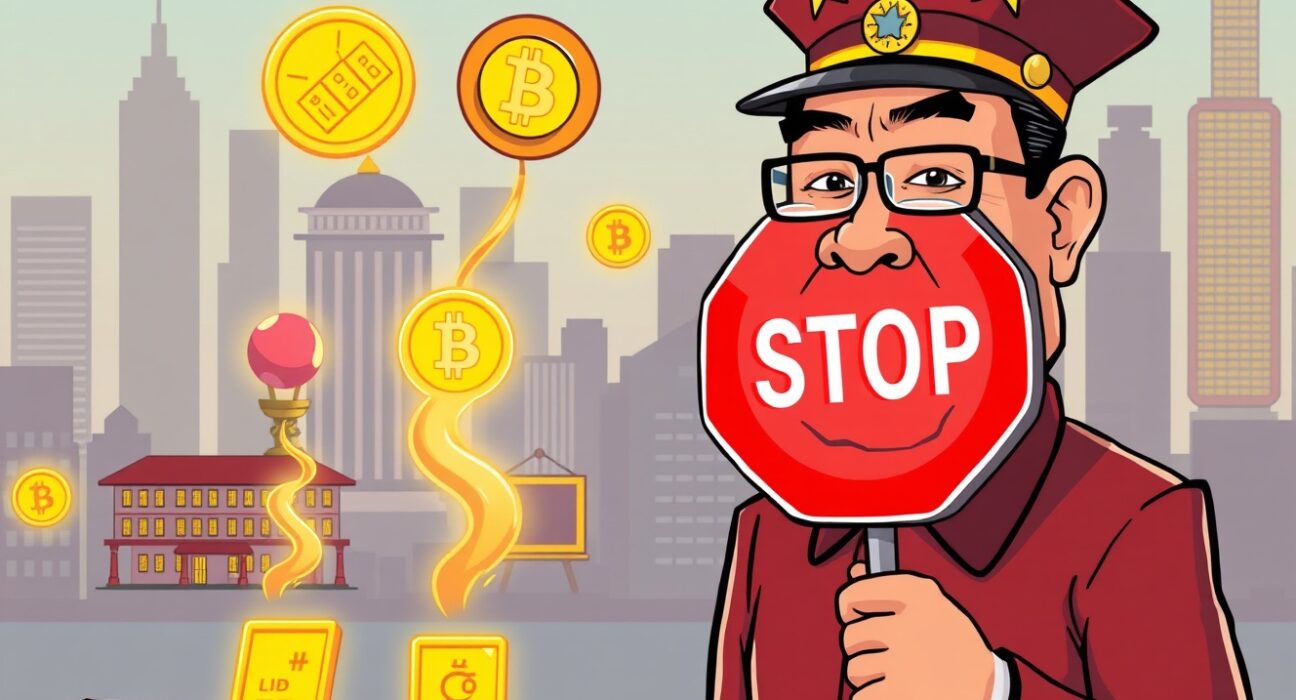 A Chinese official halts RWA tokenization projects, symbolizing regulatory action in the digital asset space.