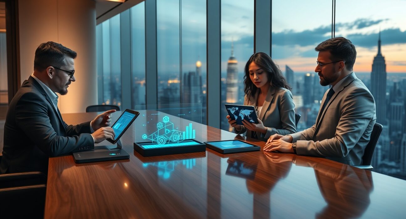 Financial professionals reviewing blockchain and RWA tokenization data on digital displays in a modern boardroom