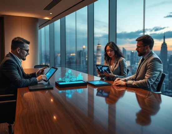 Financial professionals reviewing blockchain and RWA tokenization data on digital displays in a modern boardroom