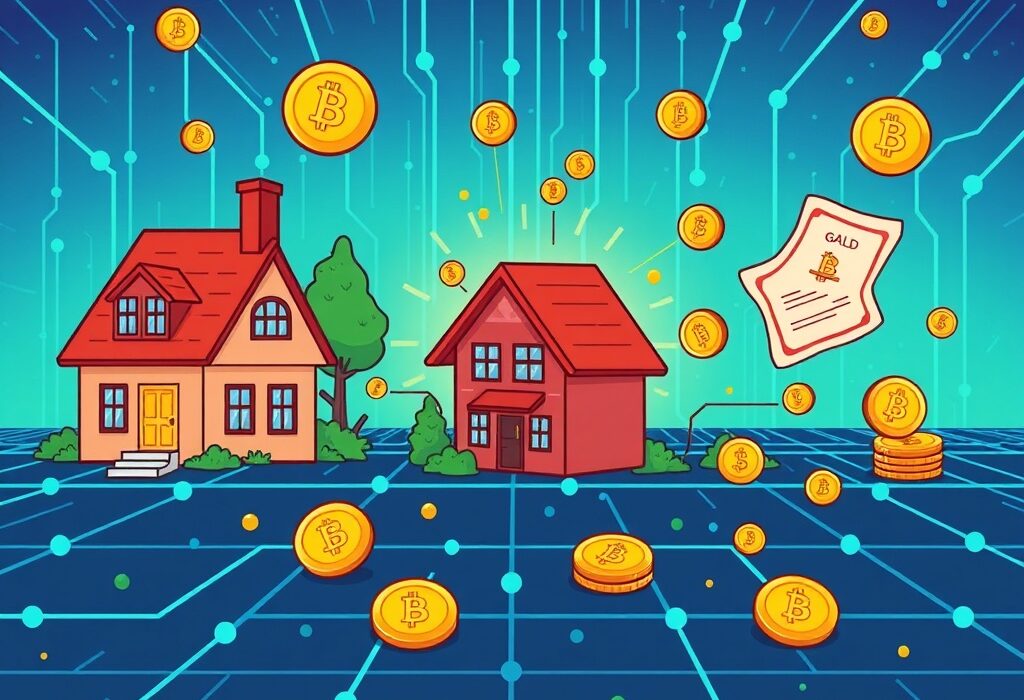 Cartoon showing real-world assets being transformed into digital tokens, symbolizing the future of RWA tokenization.