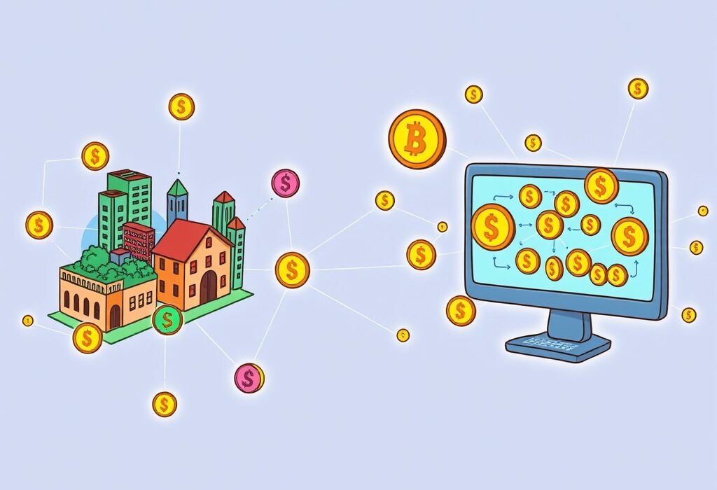 A cartoon illustration showing the revolutionary impact of RWA tokenization, transforming physical assets into digital ones on a blockchain.
